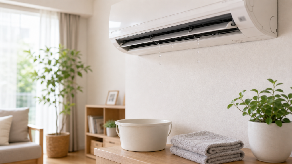 エアコン水漏れの原因は？室内機から水が落ちるときの確認と応急対応のイメージ