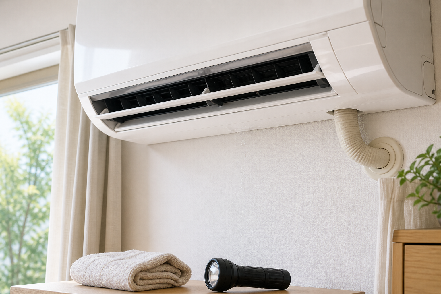 エアコン水漏れ時に吹き出し口と壁まわりを確認するイメージ