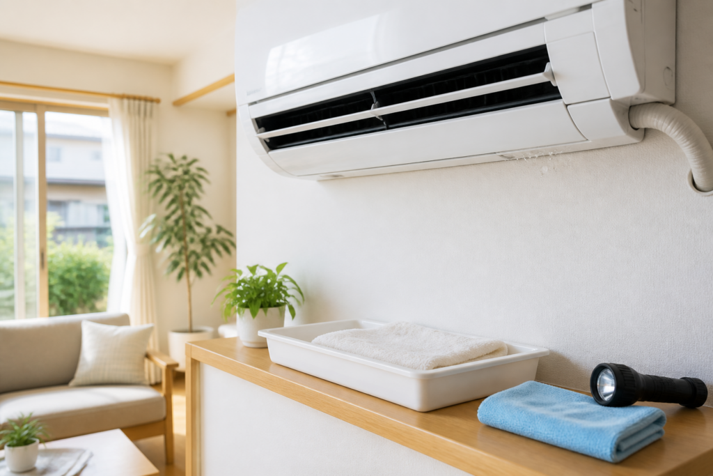 エアコン水漏れ原因を確認するために受け皿とタオルを置いた室内のイメージ