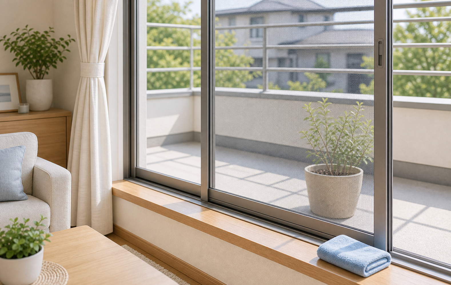 掃除後の網戸と乾いたレールを保つ予防のイメージ