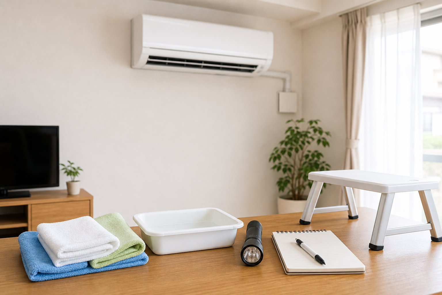 エアコン水漏れ原因の確認に使うタオルやライトなどの道具のイメージ