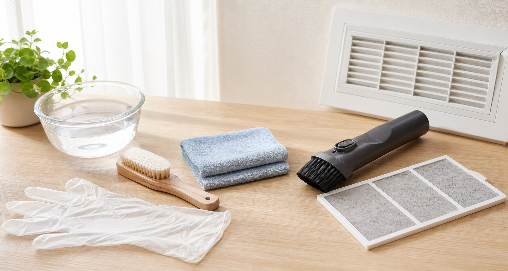 換気口掃除に使うブラシやクロスなどの道具のイメージ